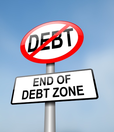 13427889 - illustration depicting a red and white road sign with a debt free concept. blurred blue sky background.